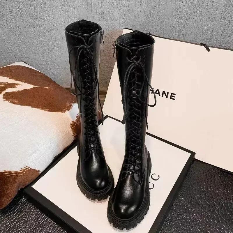 Fashion Winter Boots Women Knee High Boots Platform Pu Leather Increasing Long Female Lace Up Booties Mujer Zip Chelsea Women Shoes