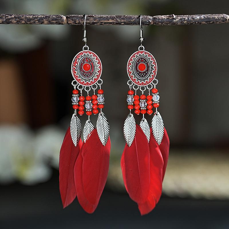 Boho Lange Feder Hängende Ohrringe für Damen Blatt Quaste Kristallperlen Handgefertigt Runde Blume Emaille Hochzeit Braut Schmuck Geschenk