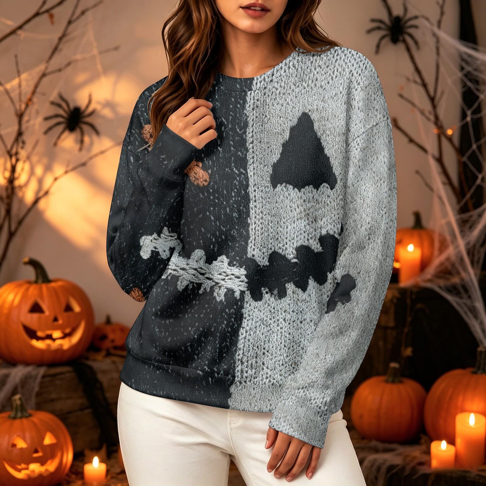 Women s fashion casual long-sleeved halloween printed round neck sweater top XXXXXL