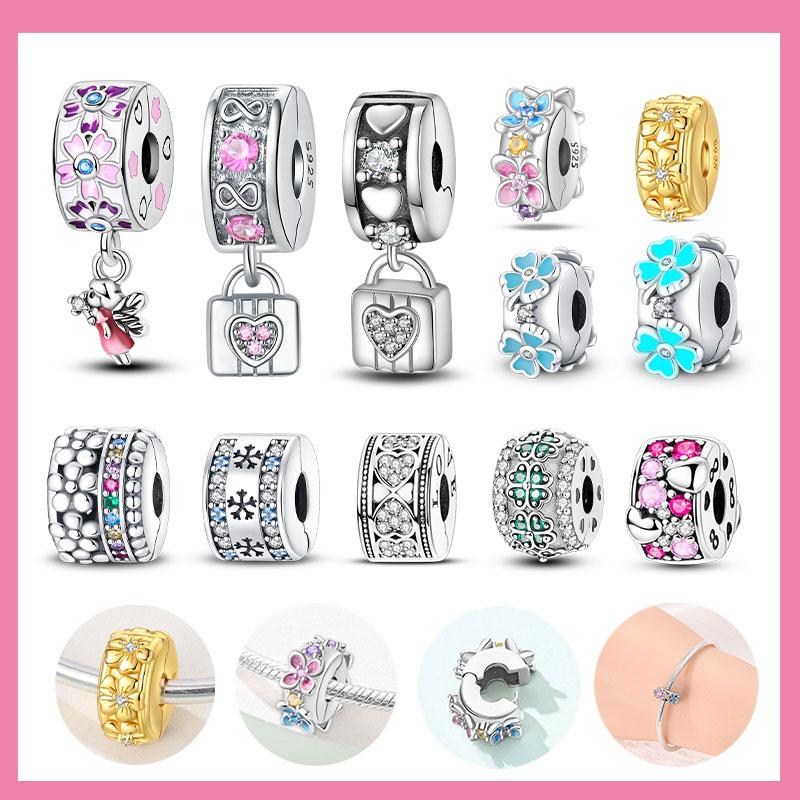 Copper Metal Inlaid Zirconium Flowers Four Leaf Clover Feathers Love Box Clip Charm Bead Components Spacer Bead Components Compatible With Bracelet