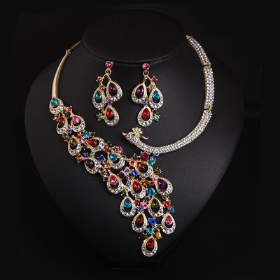 Full Diamond Colored Peacock Necklace Earring Set Bridal Dress