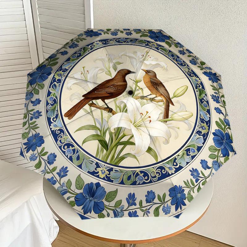 1PC Birds, Flowers Umbrella-8-Rib Reinforced, Automatic Open, Lightweight & Durable, Cute Fashion Accessory for Outdoor-W163