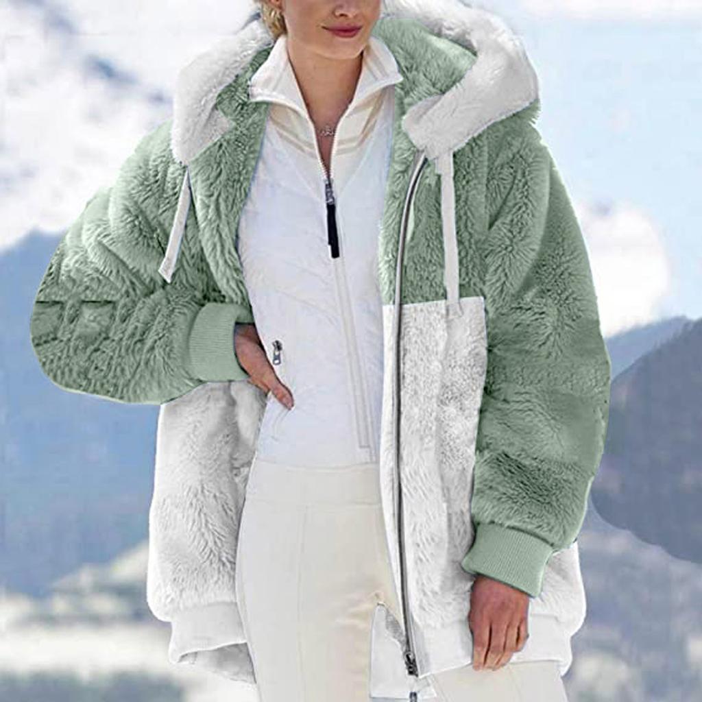 Women's Fashion Plush Zipper Long Sleeve Stitching Warm Sweater Tops Coat Winter