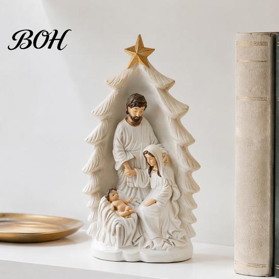 Gold Star Nativity Decor for Desk Holy Family Statue, Christmas Tree Resin Ornament, Hand-Painted Figurine Home Religious Tabletop Altar & Fireplace