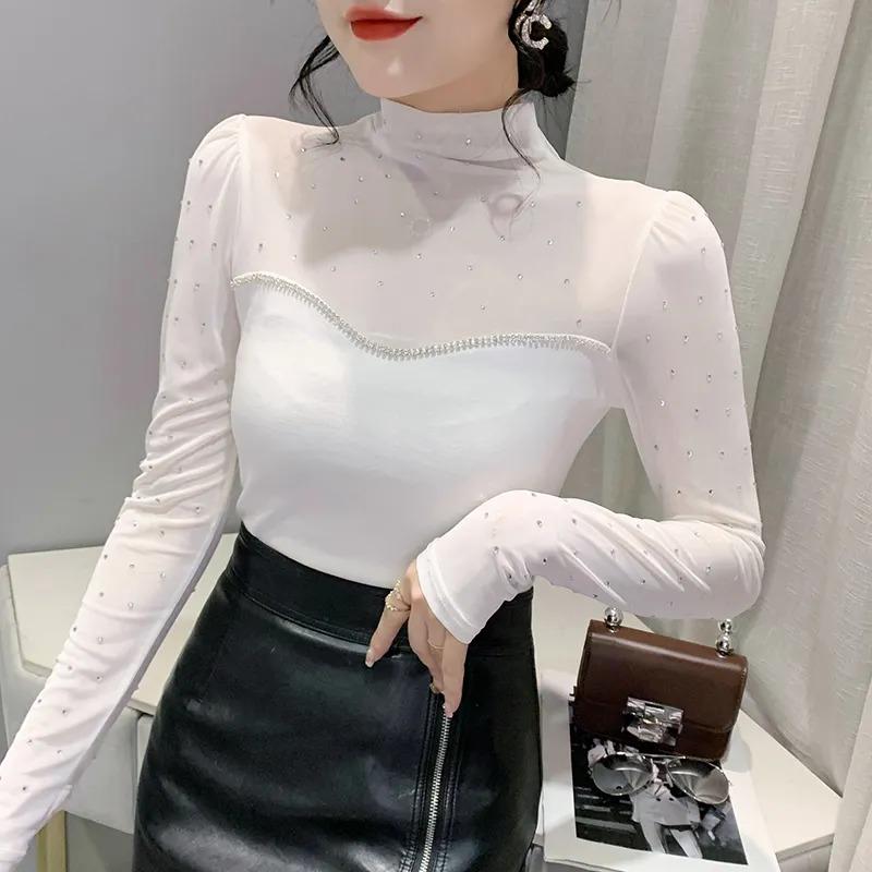 Evropský podzim Nová zeštíhlující móda Síťované všívání Horké diamantové korálky Sexy Všestranné tričko s dlouhým rukávem