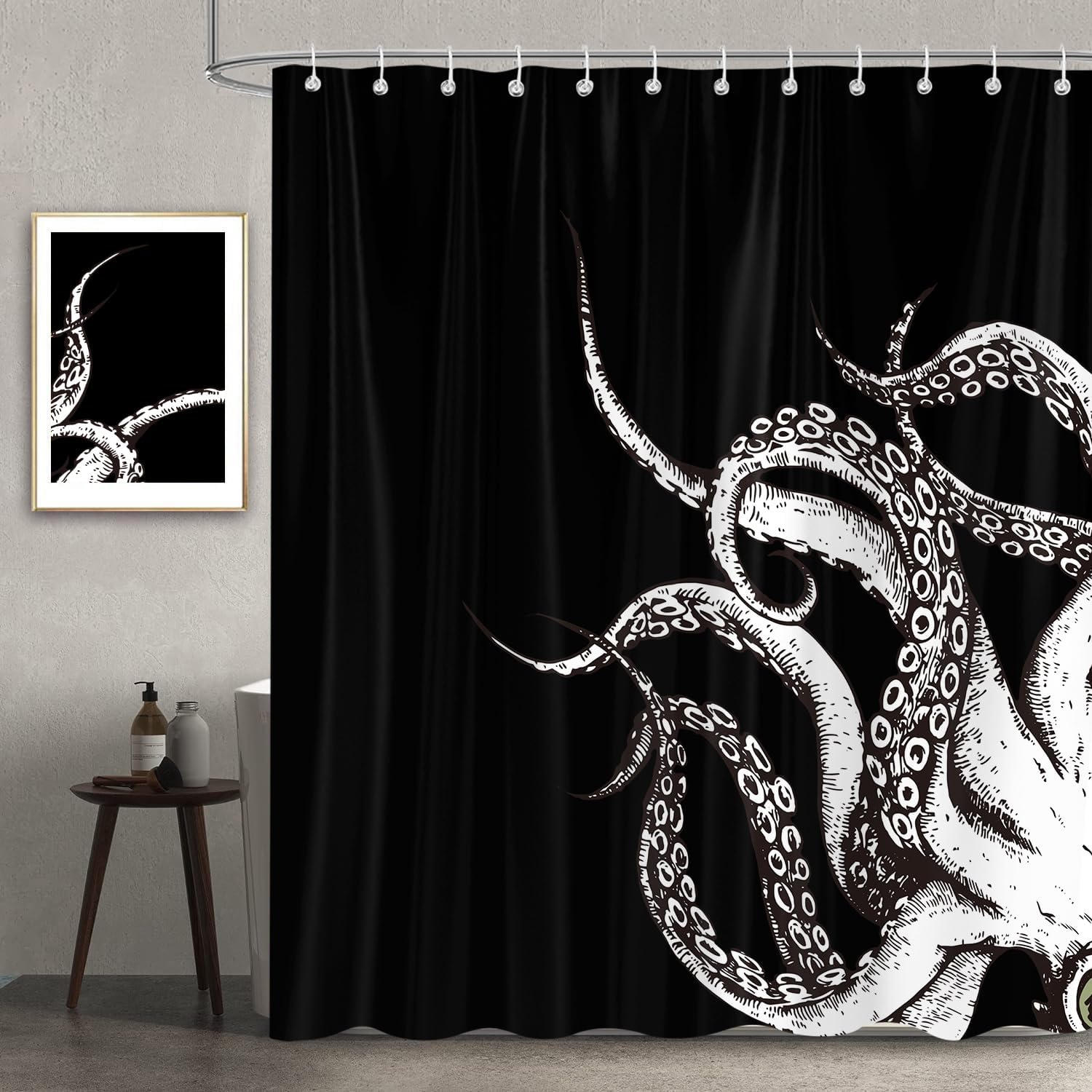 

Готический осьминог Шторка для душа, Забавный черно-белый морской животный Набор для декора ванной комнаты, Водонепроницаемый полиэстер Туалетные принадлежности 90x180cm