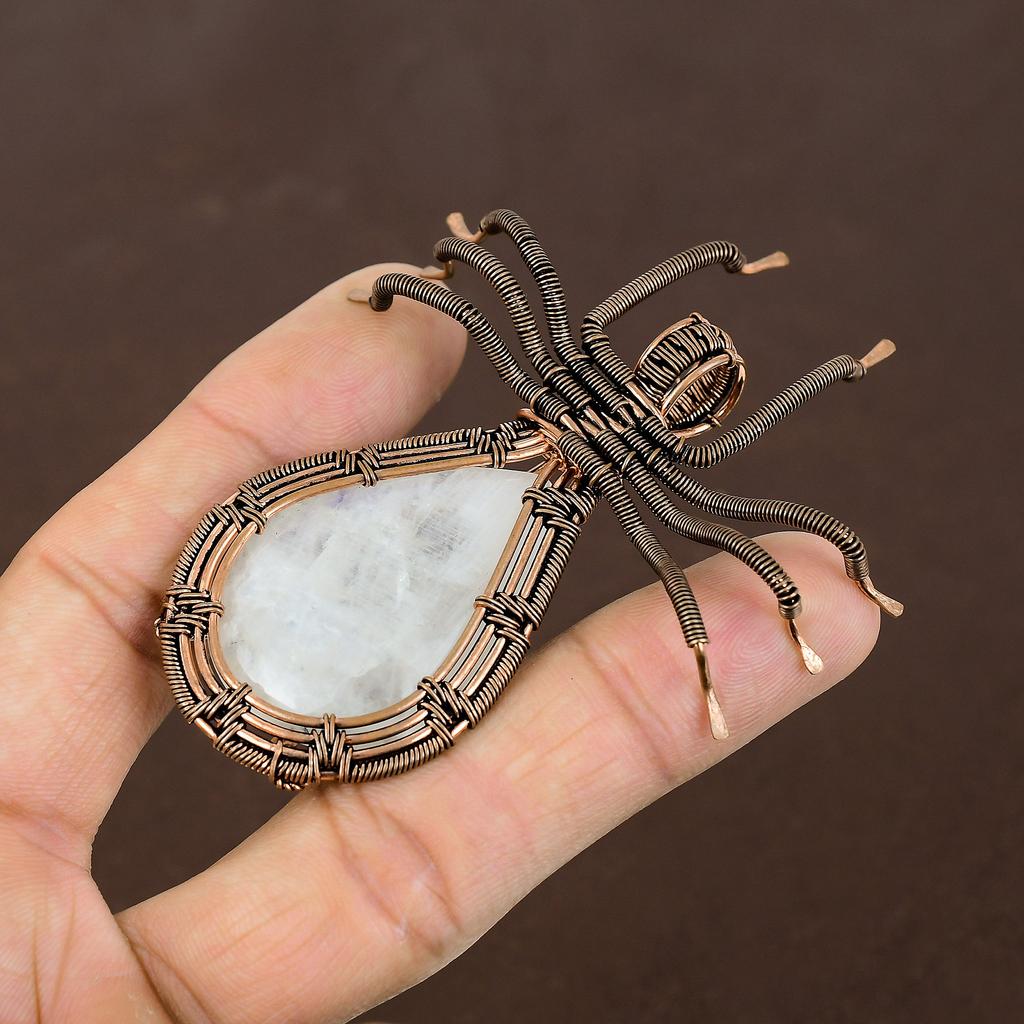 Natural Rainbow Moonstone Gemstone Copper Wire Wrap Spider Pendant 2.56" Y7u11