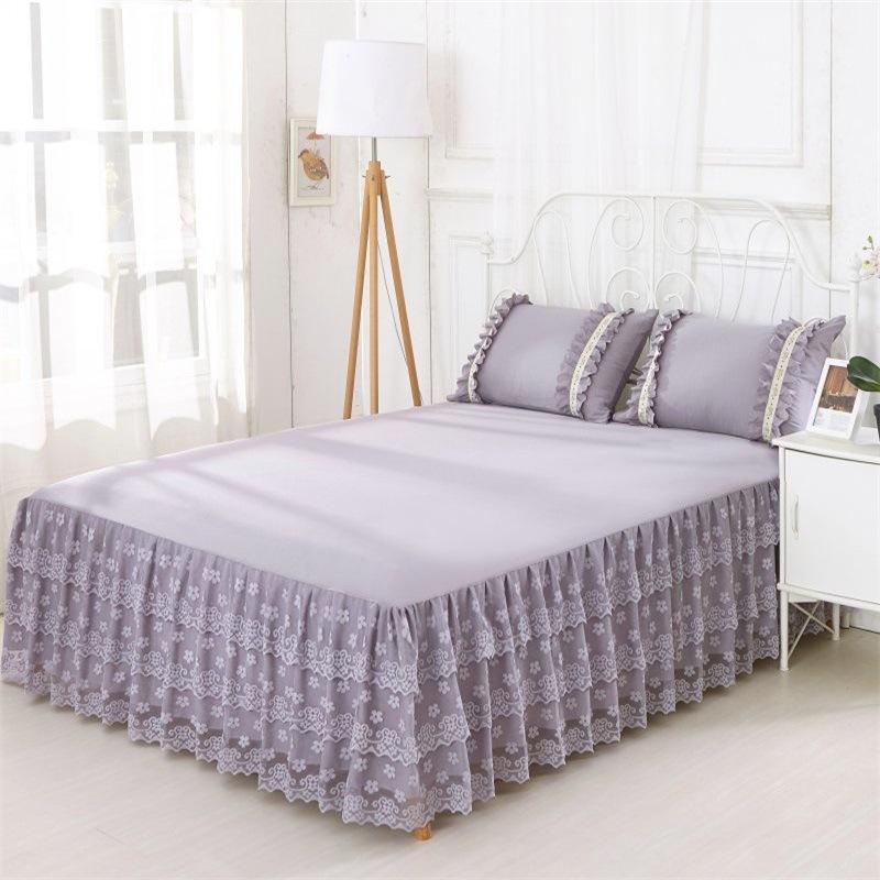 3pcs Set European Romance Lace Bed Skirt Soft Brushed Fabric Bedspread Princess King Queen Size 1pc Bed Skirt +2pccs Pillowcase