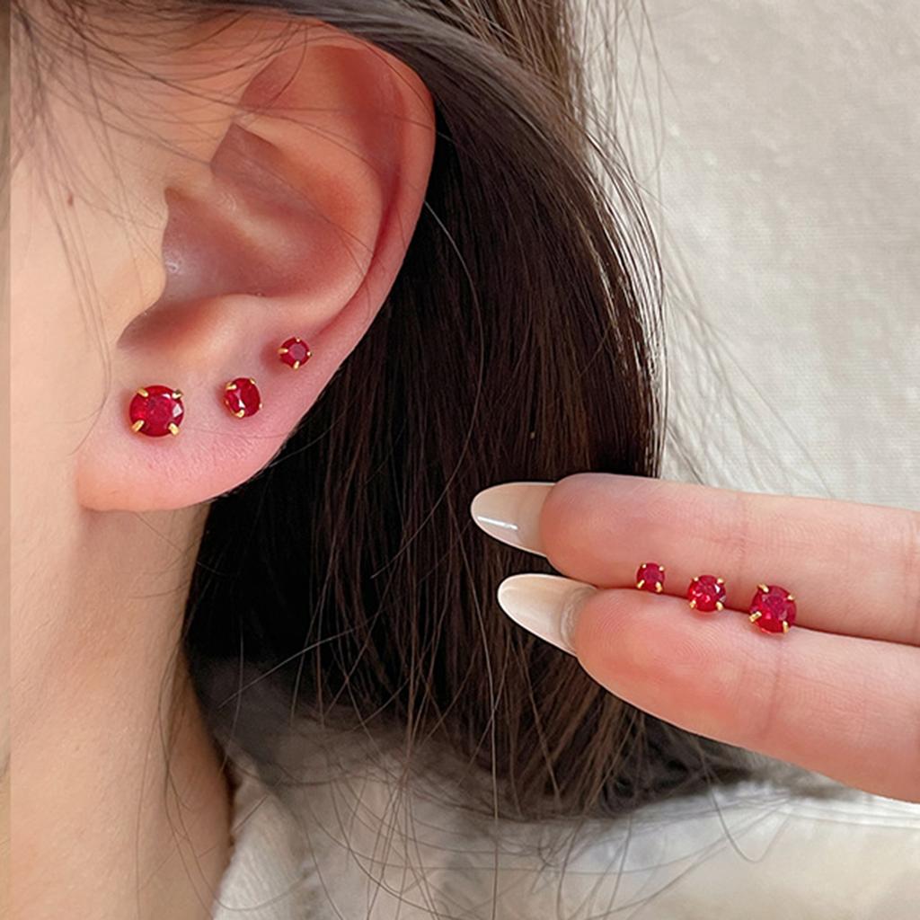Classics Luxury Round Red Zircon Bead Stud Simple Earrings for Women Fashion Body Piercing Trend Jewelry Accessories Party Gifts