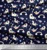Soimoi Blue Japan Crepe Satin Fabric Rainbow & Unicorn Animal Print Sewing Fabric metre 42 Inch
