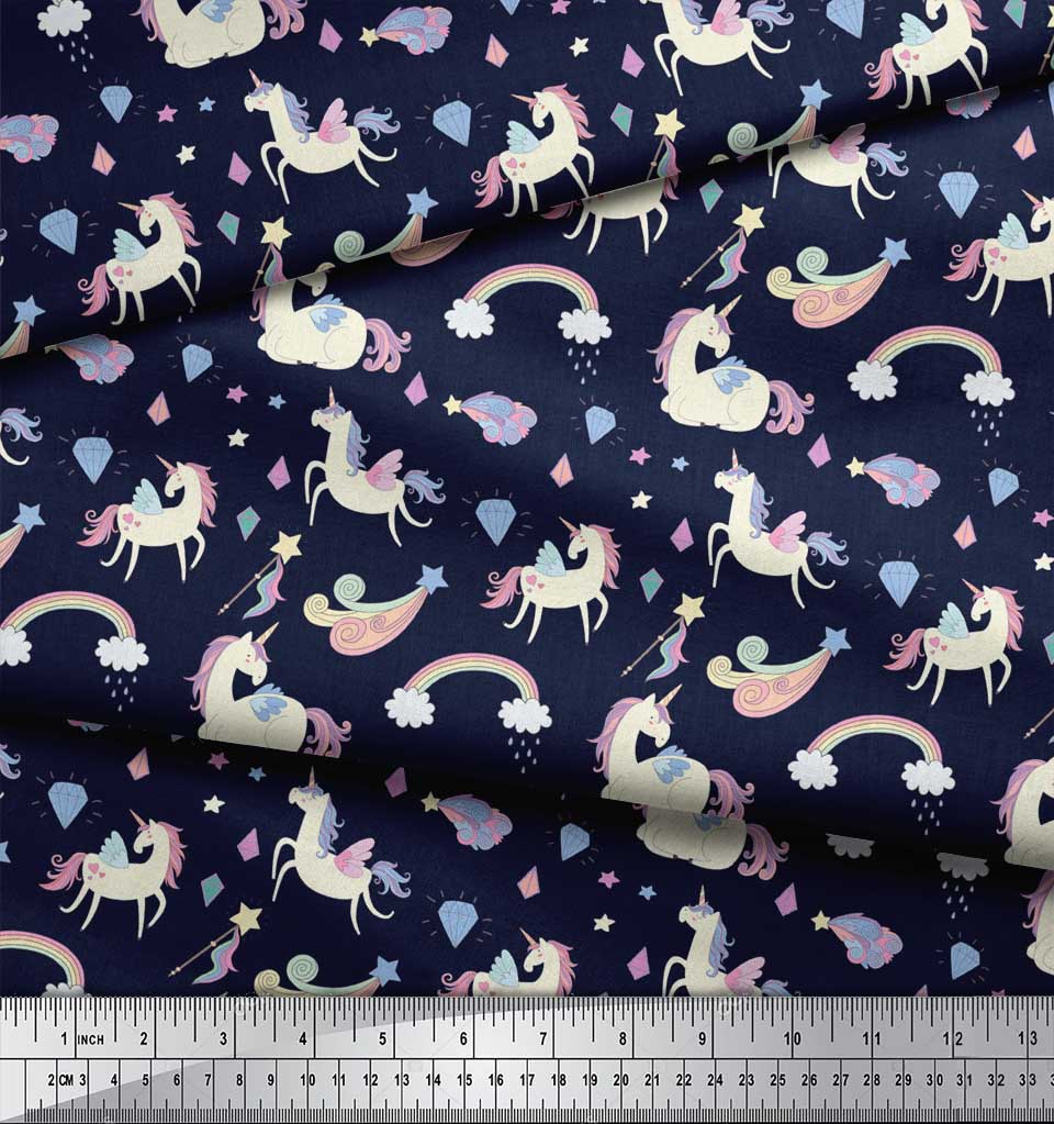 Soimoi Blue Japan Crepe Satin Fabric Rainbow & Unicorn Animal Print Sewing Fabric metre 42 Inch