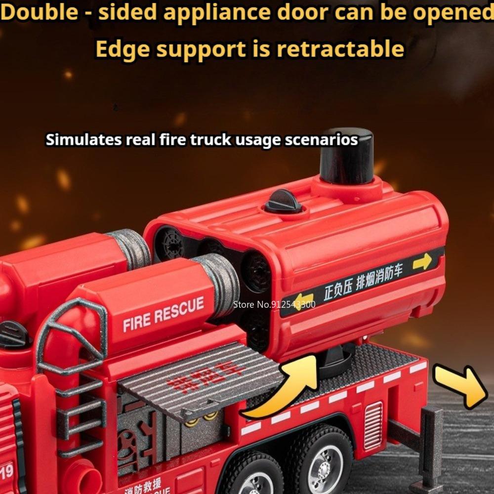 1:50 Smoke Exhaust Fire Truck Water Tank Car Model Toy Doors Opened Pull Back Models Sound Light Cars for Boys Festival Gifts