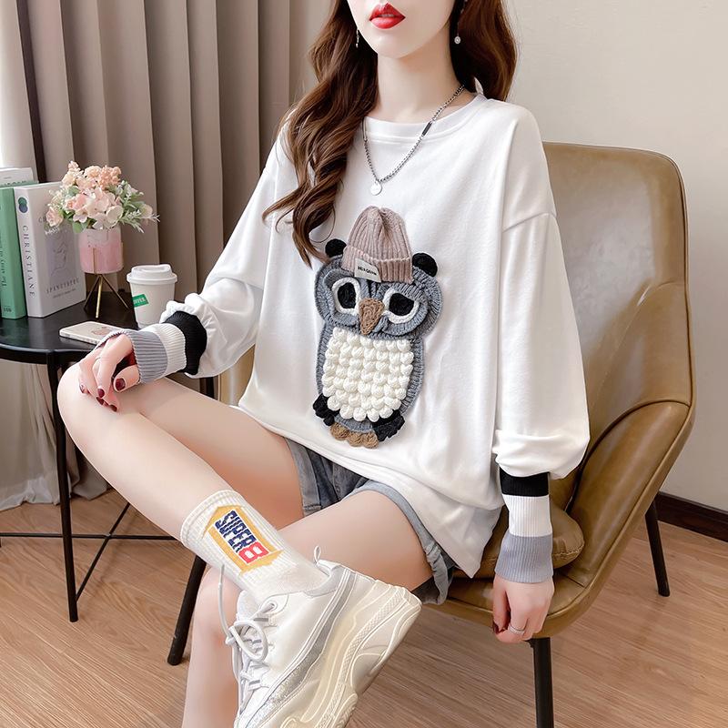 Spring Autumn O Neck Fashion Printing Striped Patchwork T-shirt Women Long Sleeve Loose Casual Bottomed Tee Top