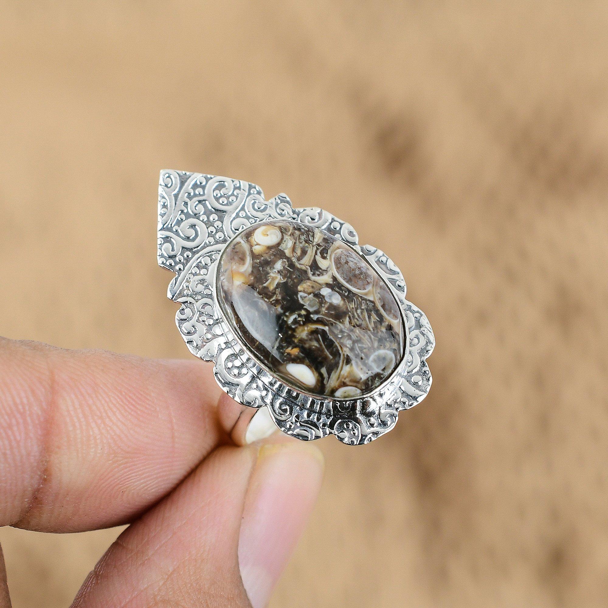 

Natural Turritella Agate Gemstone Promise Brown Adjustable Ring 925 Silver Yes
