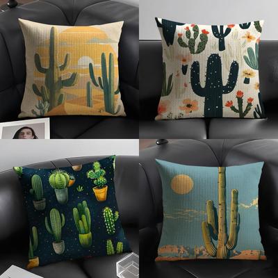 Housse de coussin mode cactus Lin naturel Tissu biologique Impression double face Canapé Décoration maison Housse de coussin Cadeau
