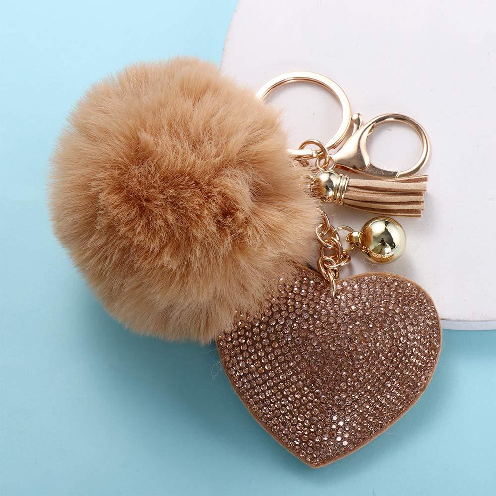Decoration Interior Accessories Pompom Keychains Bag Pendant Rhinestone Heart Rhinestone Keyrings