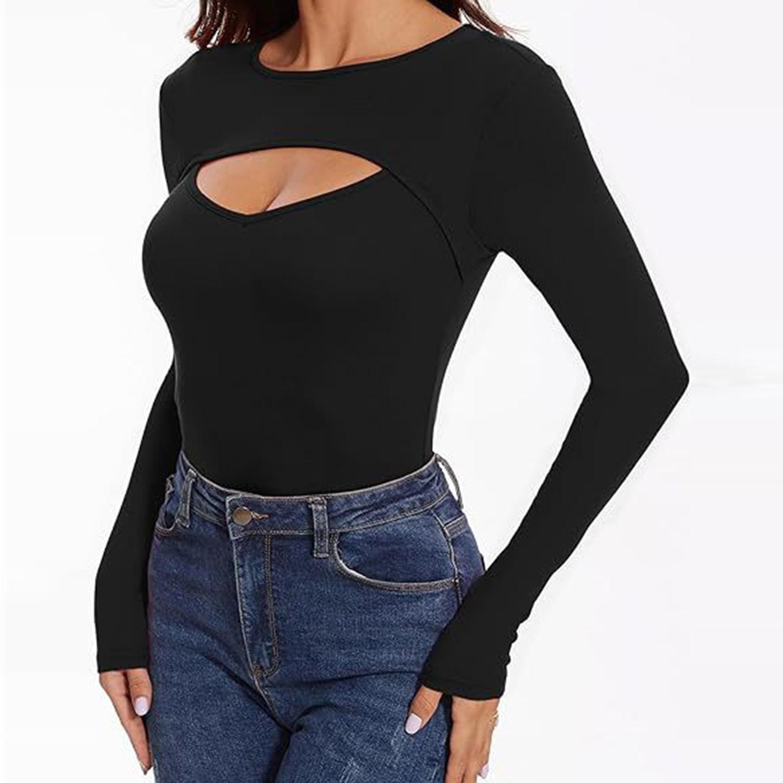 

Women s Fashion Casual Front Hollow Slim Sexy Long Sleeve Top L чорний