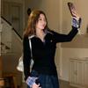 Spring and Autumn Women's New Stitching Plaid Fake Two-Piece Long-Sleeved Slim-Fit Polo Collar T-Shirt