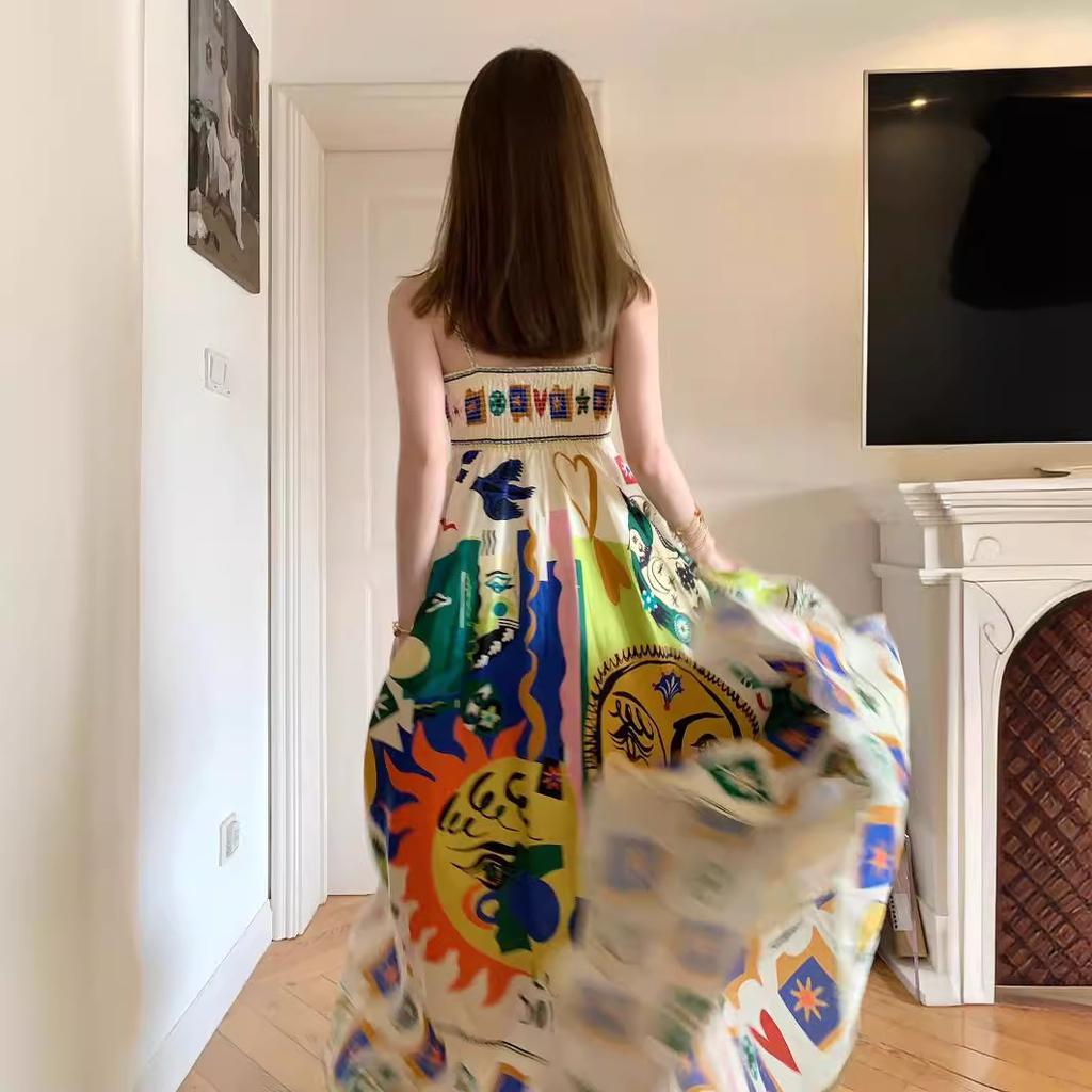 Summer New Sleeveless Collarless High-waisted Printed Painted Women's Large Pendulum Suspender Dress