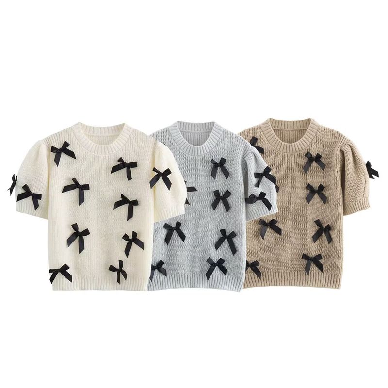 Kaslead New Arrival Women's Clothing Fashion Style Fashion Casual Easiest for Match Minimalist Bowknot Decoration Short Sleeve Knitting Sweater