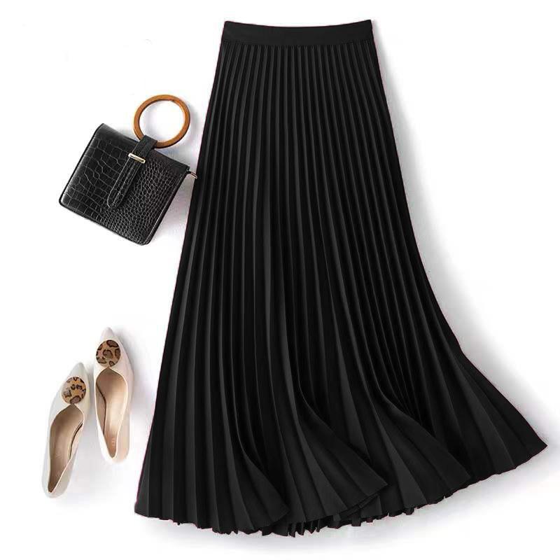Women Spring Autumn Solid Elegant Chic Pleated Skirt High Waist Luxury With High Elastic Female C-035
