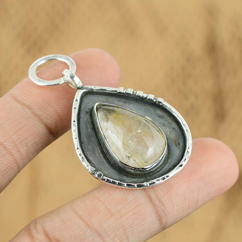 Natural Golden Rutile Gemstone Pendant 925 Sterling Silver Jewelry For Women