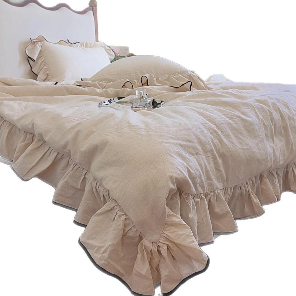 French Large Lace Cotton & Linen 4-Piece Set: Soft, Skin-Friendly Solid Color Bedding with Fitted Sheet