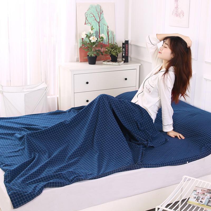 Xinqin Sleeping Bag Liner, Travel Dirt-Proof Pure Cotton Bed Sheet, Hotel Portable Anti-Dirt Bed Cover, 2.0*2.1m, Navy Blue Small Check Patter
