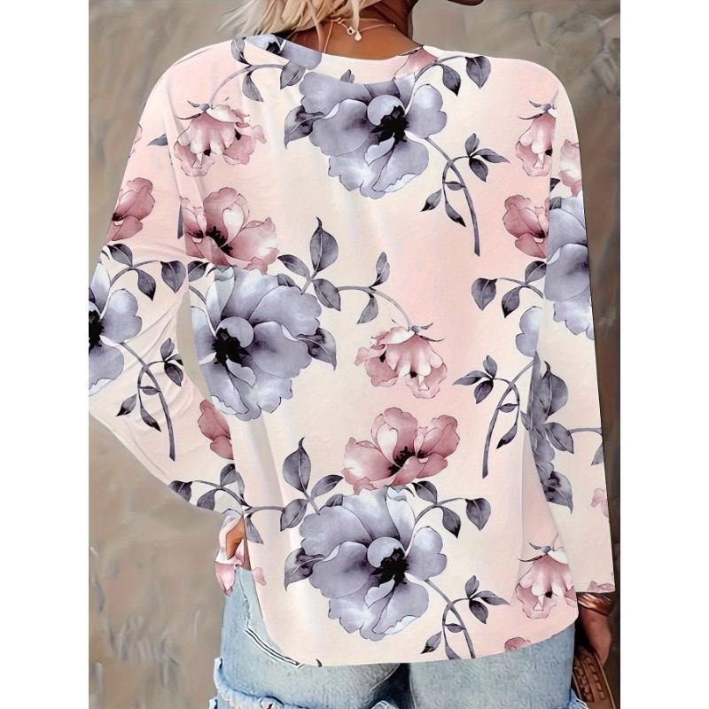 Women's Basic V-Neck Long Sleeve,Beautiful Flower Printed Polyester Relaxed Fit Tees Shirt,Spring Fall Comfort Tops