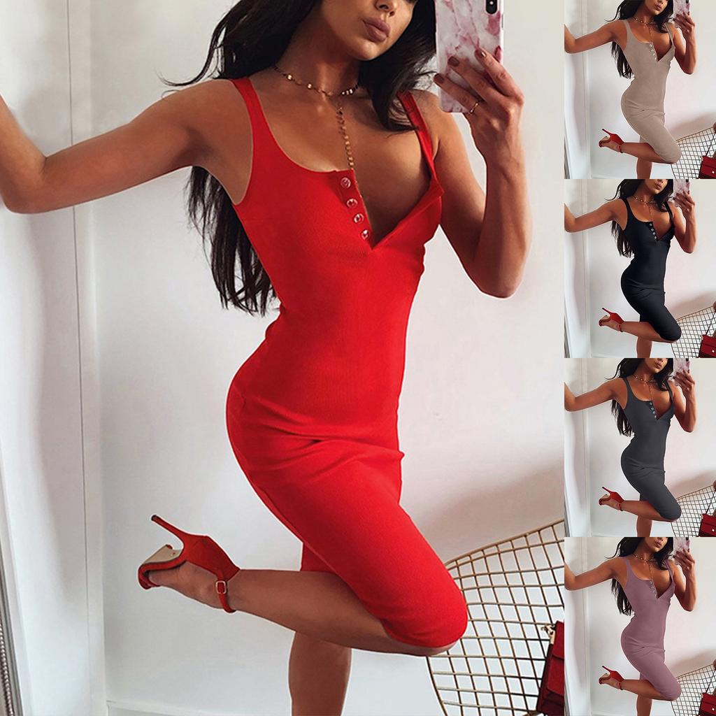 Fashion Women's Sling U-Neck Color Knitted Sleeveless Midi Dress