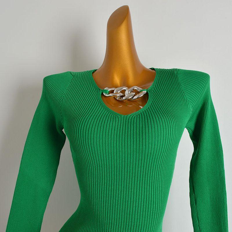 Fashion Style Pullover V-neck Sexy Chain Decoration Long Sleeves Bottoming Shirt for Women Spring & Fall New Arrival Silm Knitwear Tops