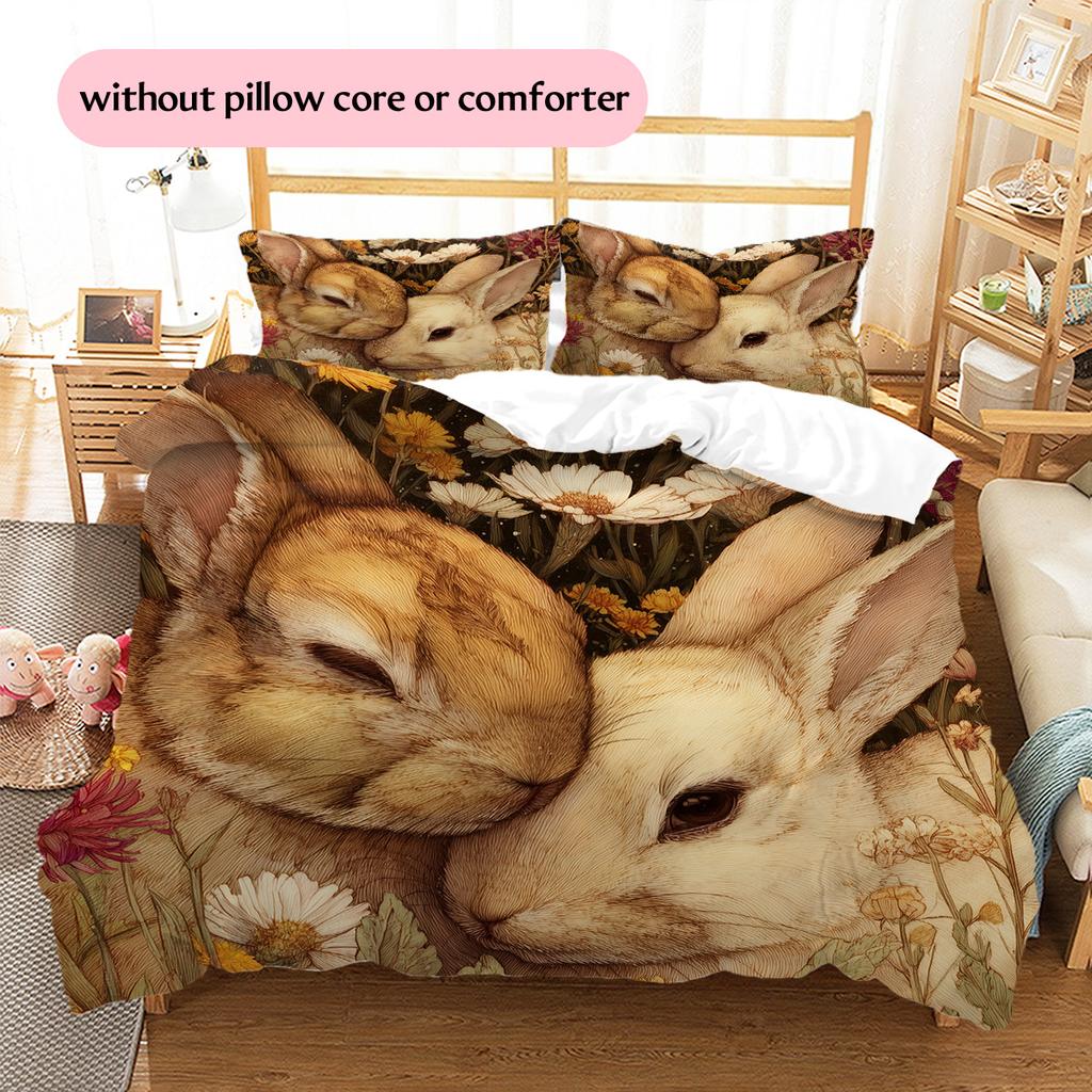 Rabbit in Flower Bush Pattern Bedding Quilt Set Home Decoration Gift (1 * duvet cover + 2 * pillowcase, without core)