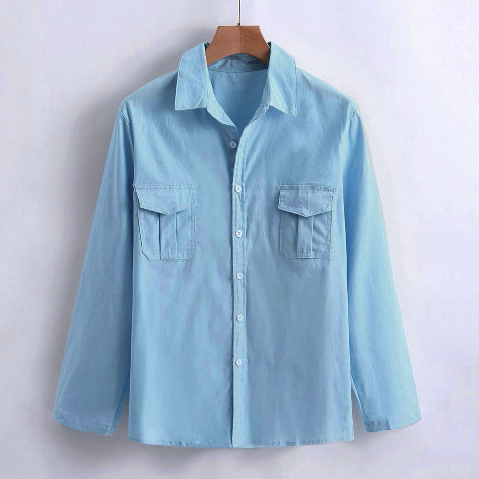 

Мужские мешковатые хлопковые льняные карманные однотонные футболки в стиле ретро с длинным рукавом Топы Блузка XXL синий