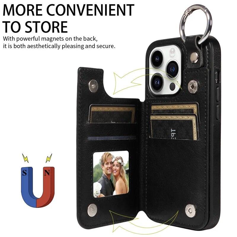 Ring Leder Portemonnaie Karte Handytasche für iPhone 15 Pro Max 14 Plus 13 Pro 12 11 für Samsung Galaxy S24 Ultra S23 S22 S21 FE A15 A54 A34 A14 Flip Cover
