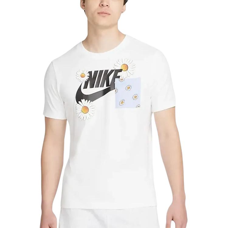 Nike Męski T-shirt z krótkim rękawem z okrągłym dekoltem z logo z nadrukiem kwiatów stokrotki Biały DM6430-100