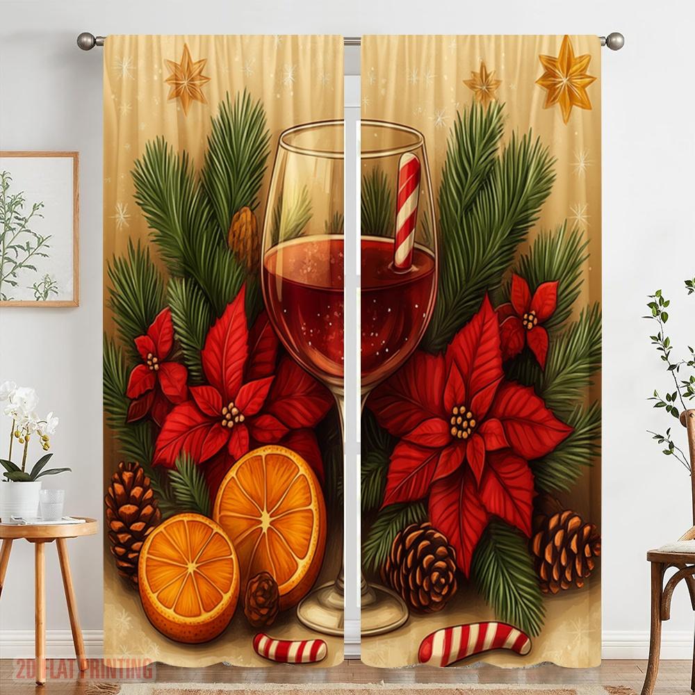 2pcs,2D Plane Printing Popular Curtain Panels Christmas Cozy Wine Pinecone Poinsettia (4) Versatile Polyester (without Rod)