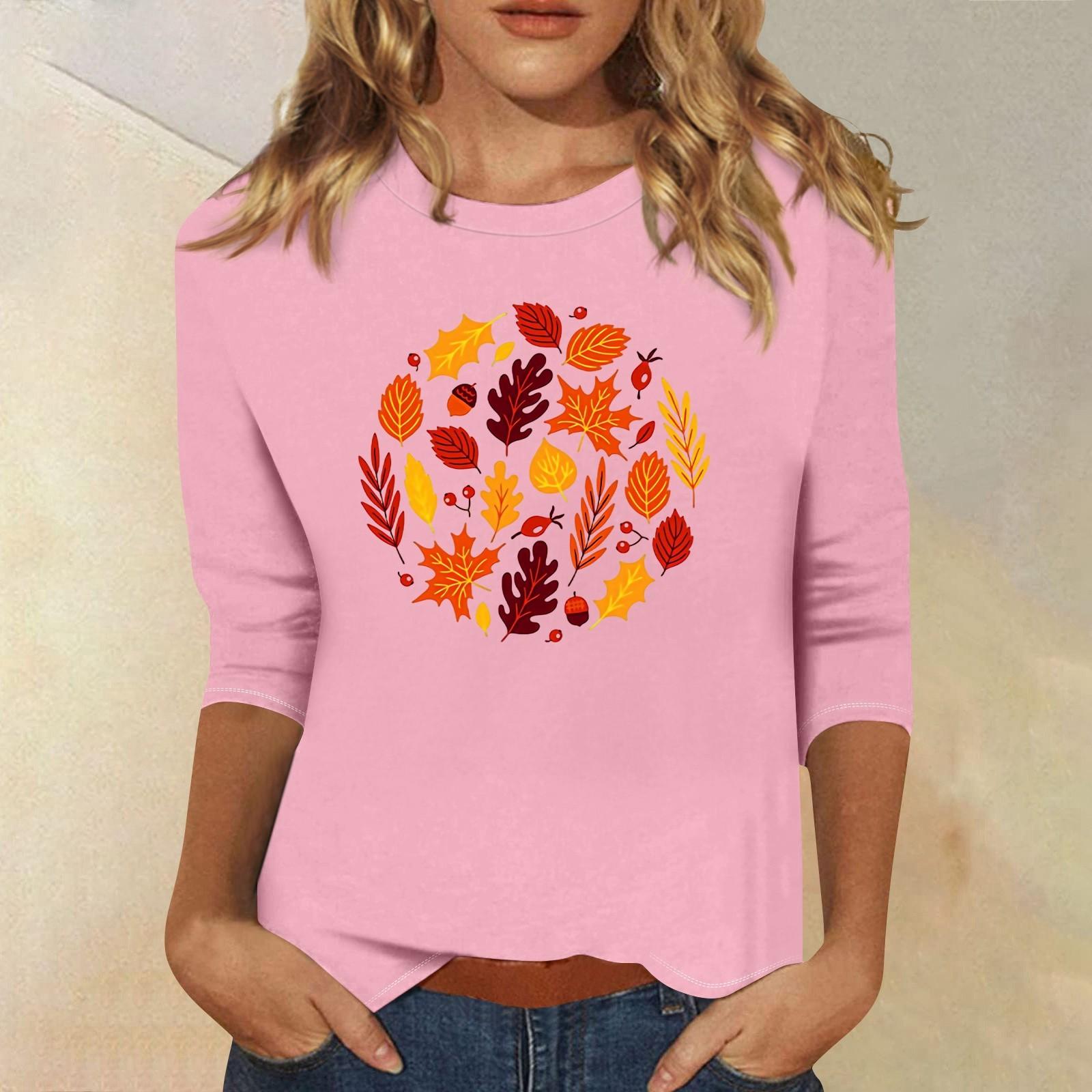 

3/4 рукава топы для женщин футболка повседневные принты топы футболка круглый вырез пуловер блузка M розовый