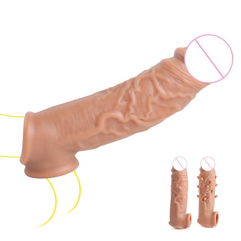 Silicone Sexy Exotic Condom Men's Penis Ring Couple Toy Sperm Lock Set Lengthened Soft Contraceptive Adult Sex Product