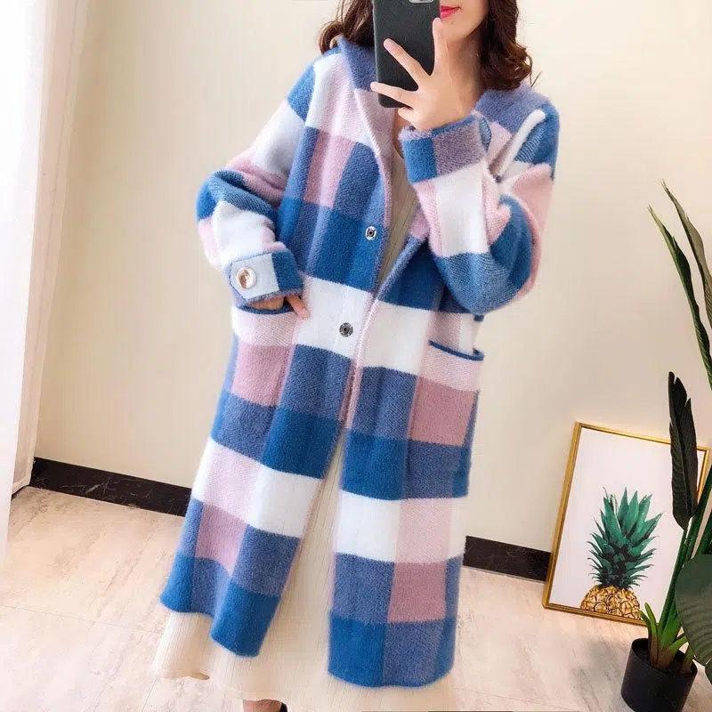 

Женское длинное вязаное пальто из искусственного норкового меха, клетчатая куртка-кардиган XL