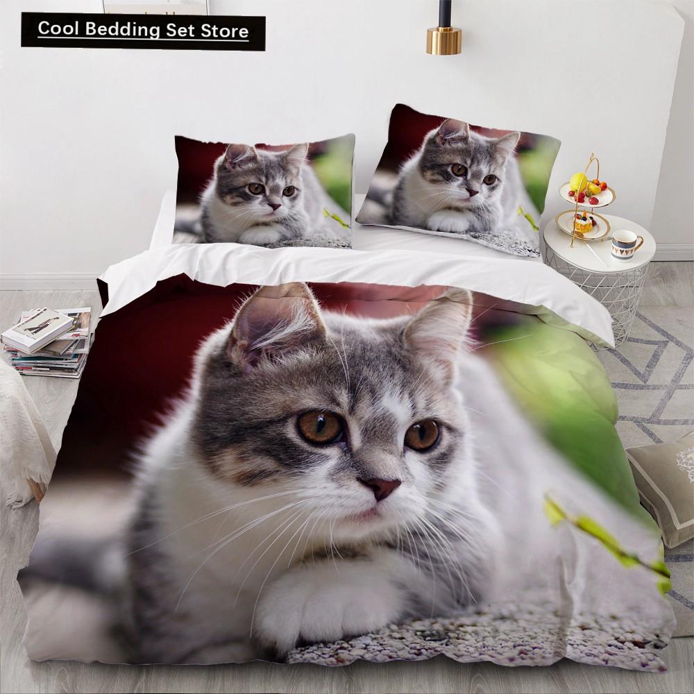 3D Cat King Queen Duvet Cover Lovely Grey White Kitty Bedding Set for Kids Teens Adults Scottish Fold Soft 2/3pcs Quilt Cover