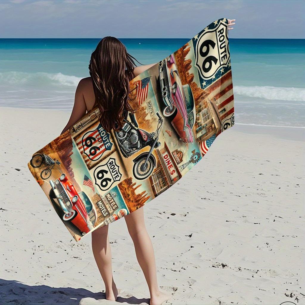 1Pc Route 66 Retro Beach Towel, Ultra Soft Quick Dry Large Towel For Pool Travel Road Trip, Ideal Gift For Car Lovers