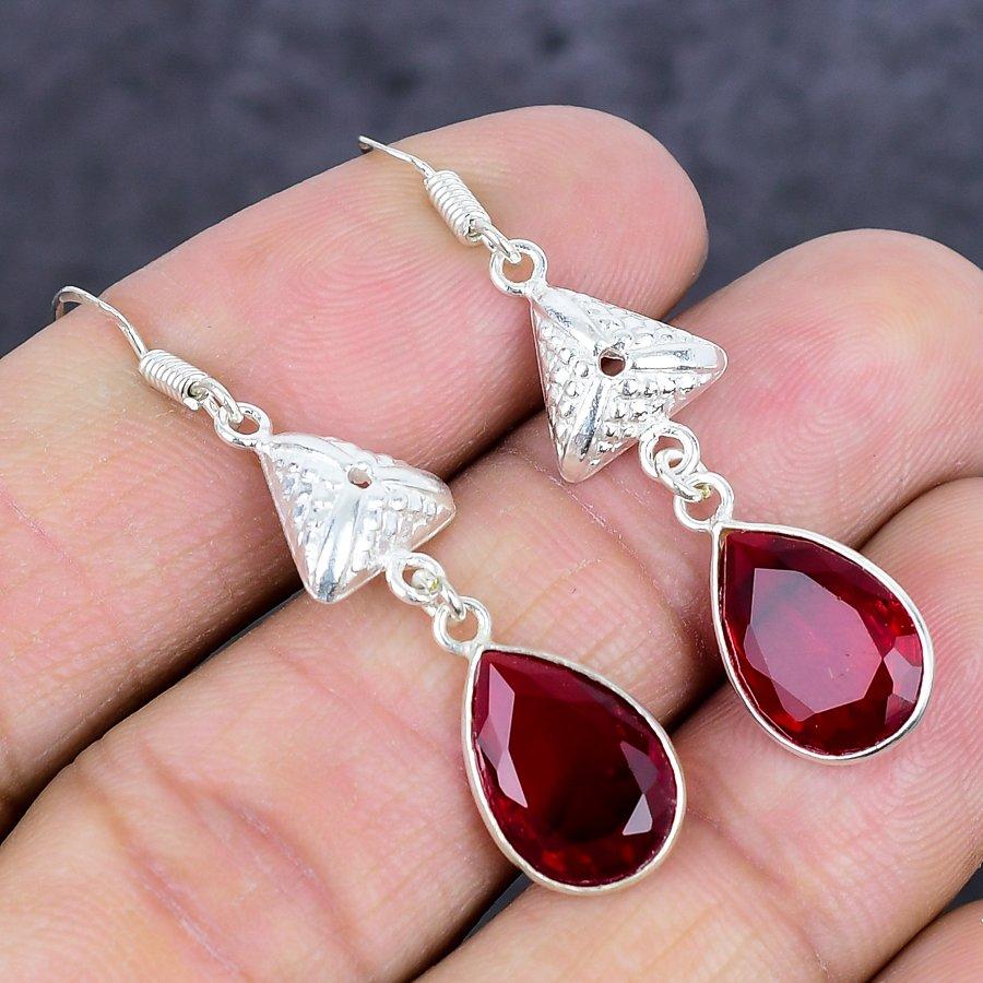 Natural Garnet Gemstone Handmade 925 Sterling Silver Jewelry Earring 2.09" ETC-14101