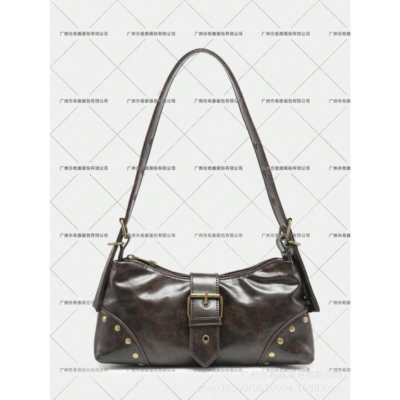 Ladies Vintage Merad Old Tinted Leather Locomotive Bag Rivet Pin Buckle Decorative Shoulder Underarm Baguette Bag