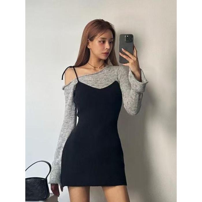 Korean Dongdaemun Elegant Faux Two-Piece Off-Shoulder Patchwork Slim Fit Dress for Autumn/Winter. Small