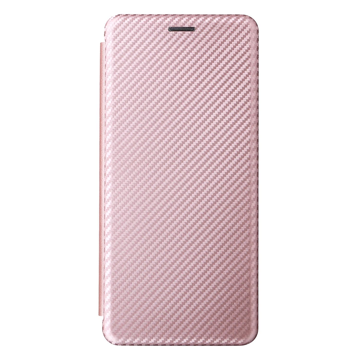 

Ring Strap Kickstand Design Carbon Fiber Texture PU Leather Cover Folio Flip Phone Case with Card Slot for Motorola Moto G51 5G Rose Gold