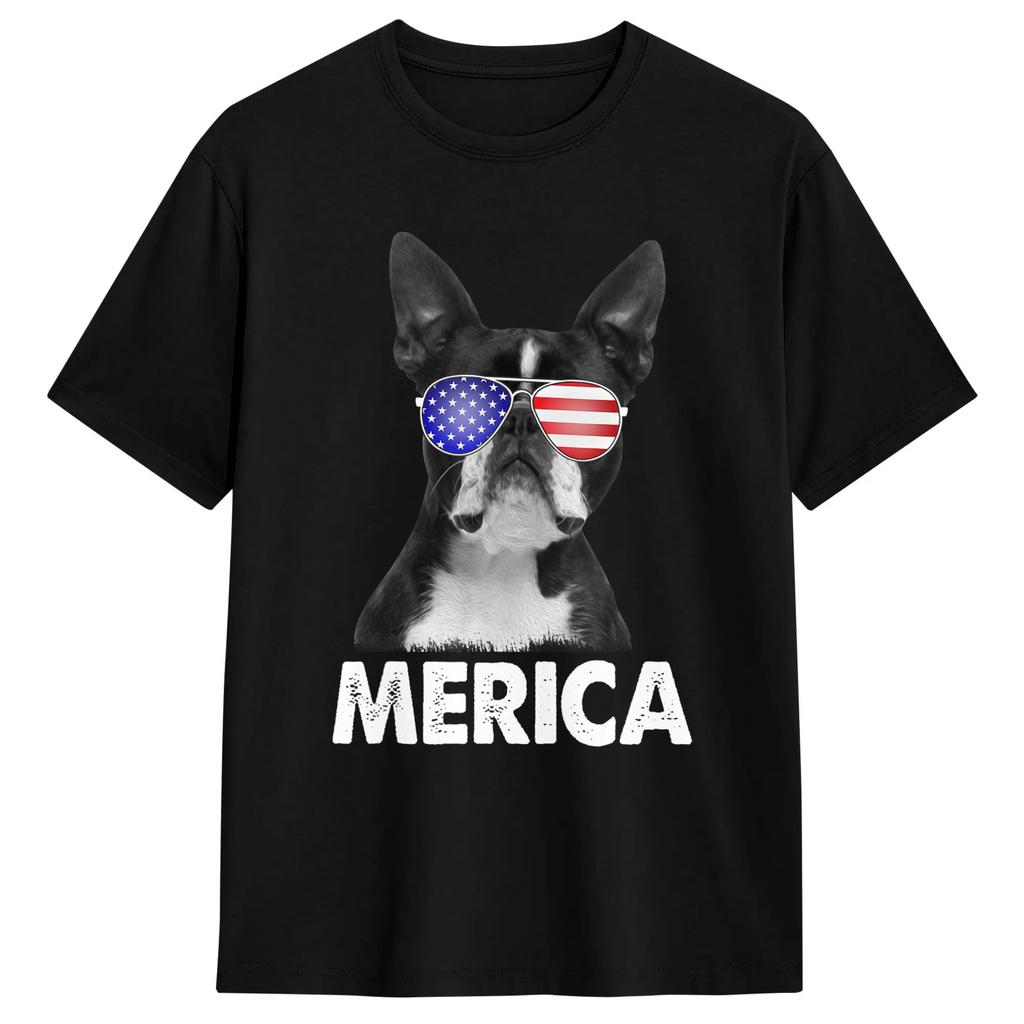 Boston Terrier 4th Of July Patriotic Dog Tshirt Trending T Shirts Shortsleeved Streetwear Tshirt 100 Cotton Oversize Tees