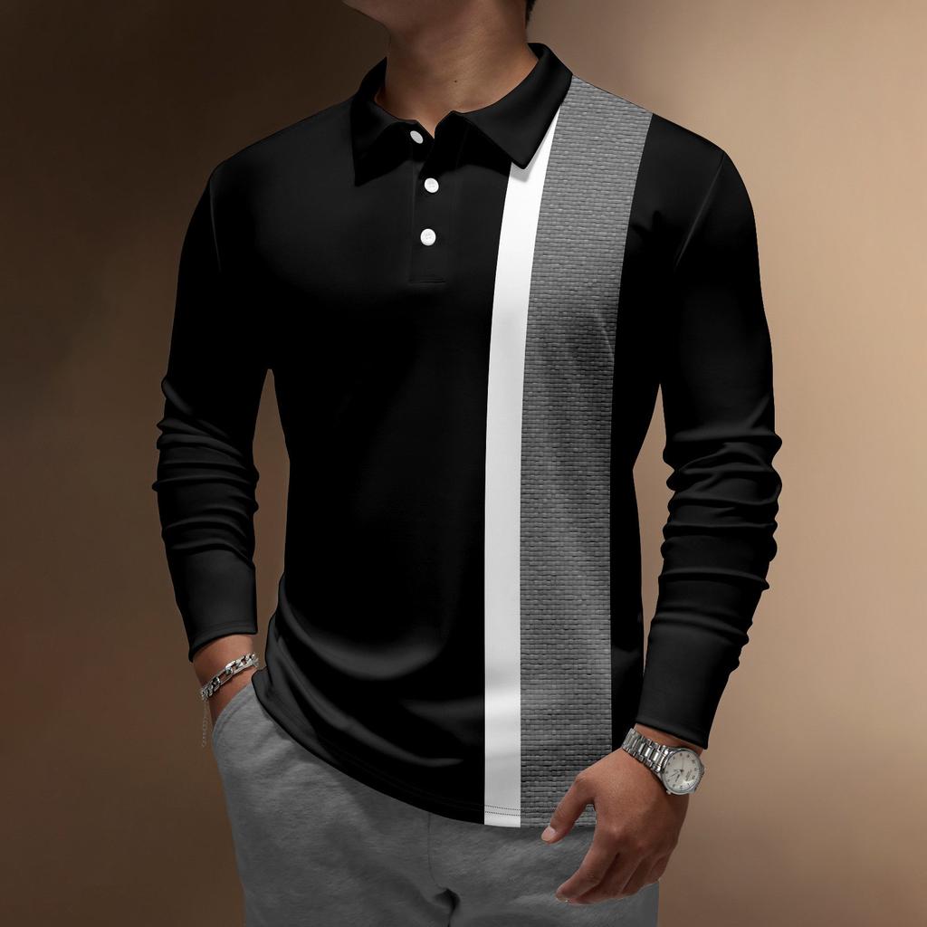 Herren-Revers-Langarm-bedrucktes Freizeit-Oberteil, lockeres Sport-Revers-Hemd