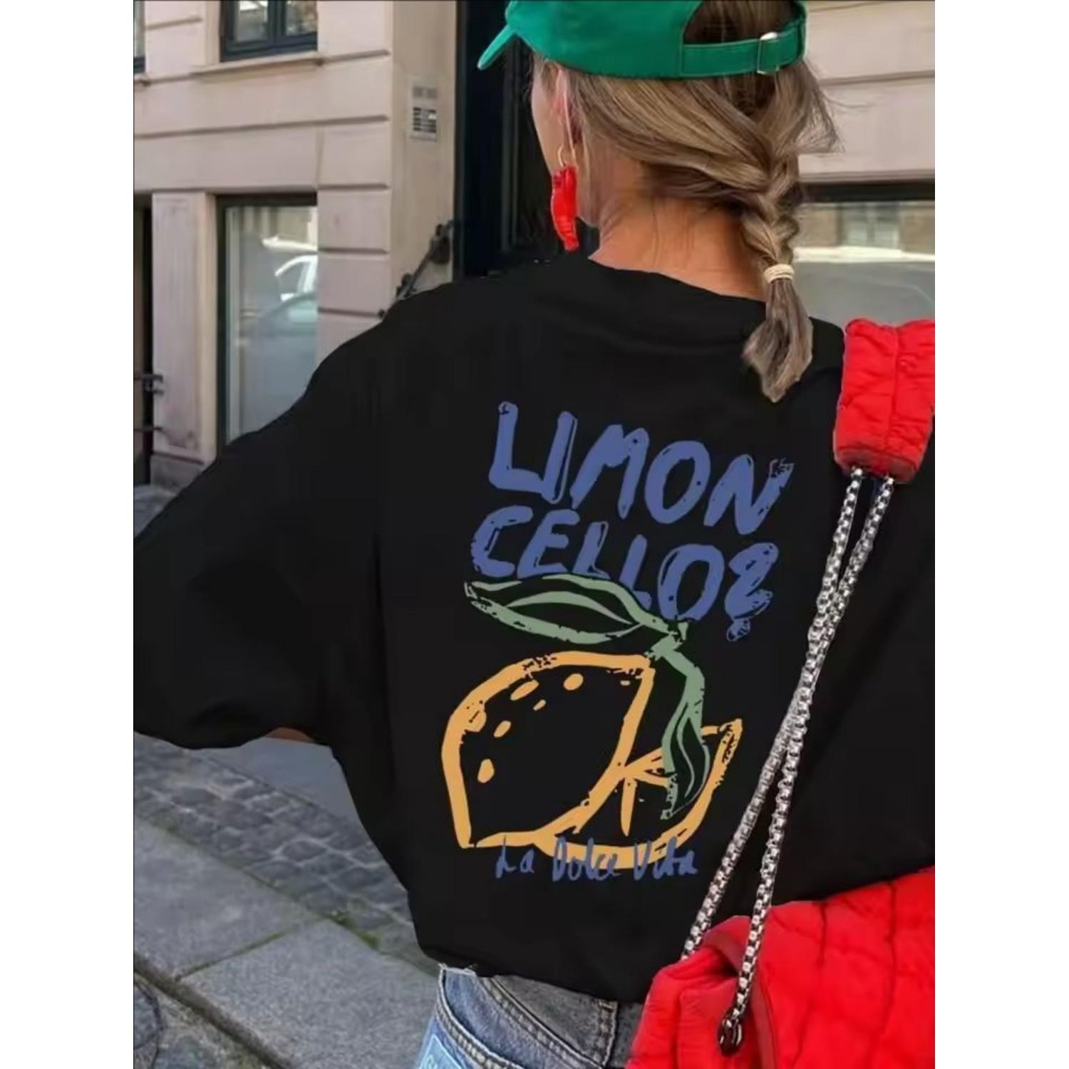 

Lemon Fruit Cellos Creative Prints Women T-Shirt Soft Cotton Y2K T Shirts All-Match Comfortable Top Loose Summer Short Sleeve S чёрный