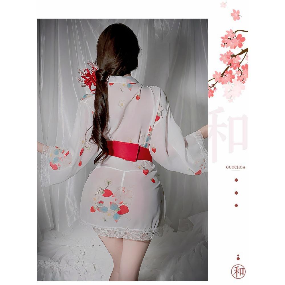 Sexy Lingerie Pure Desire Thin Perspective Strawberry Kimono Seduction Hot Pajamas Bed Passion Uniform Set