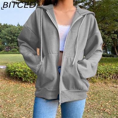 Einfarbiges, gepolstertes Sweatshirt mit Kapuze, Langarmjacke, Damen-Street-Loose-Reißverschluss-Top